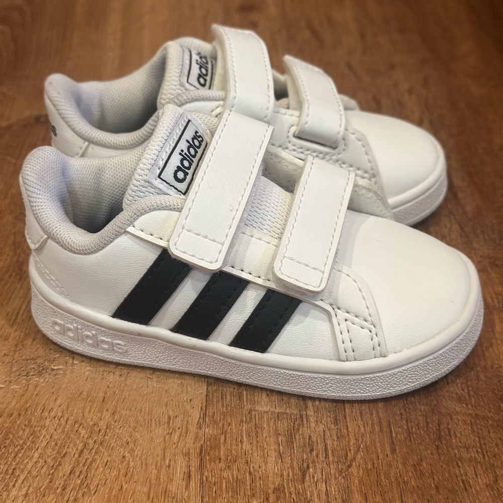 Adidas Grand Court Kids White and Black Velcro Sneakers